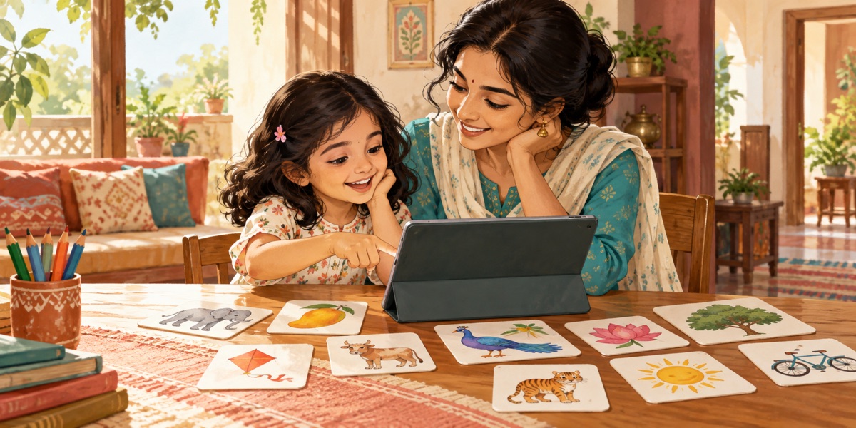 Parent and child exploring picture cards and a tablet together at home