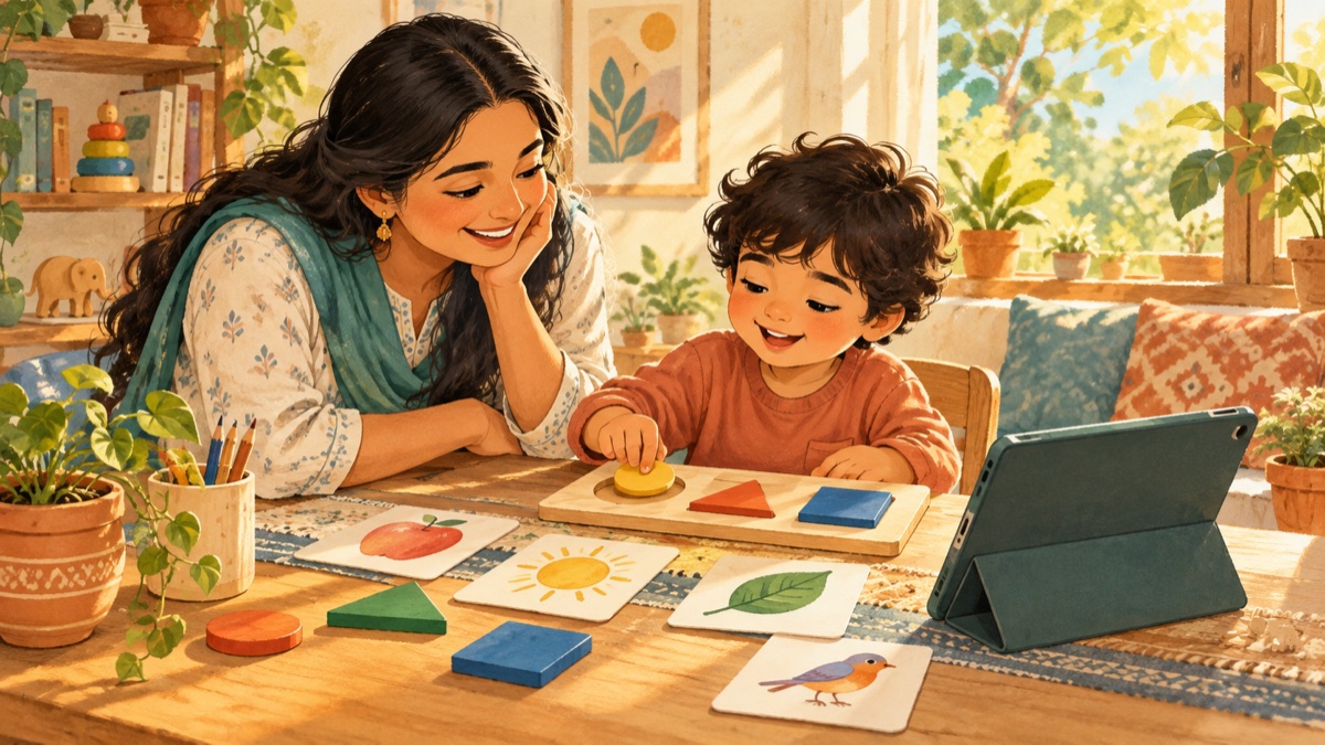 Adult and child learning together with tactile shapes and picture cards