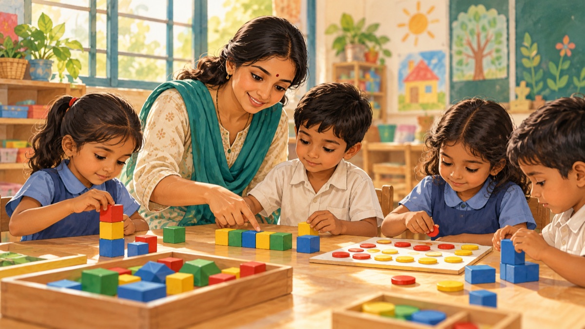 Teacher guiding a small group of children through classroom activities
