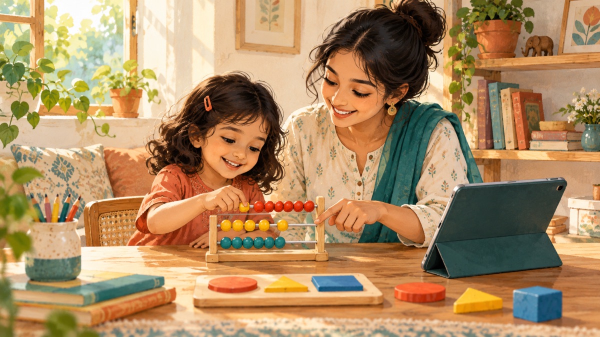 Tutor and child practicing early numbers with a counting frame
