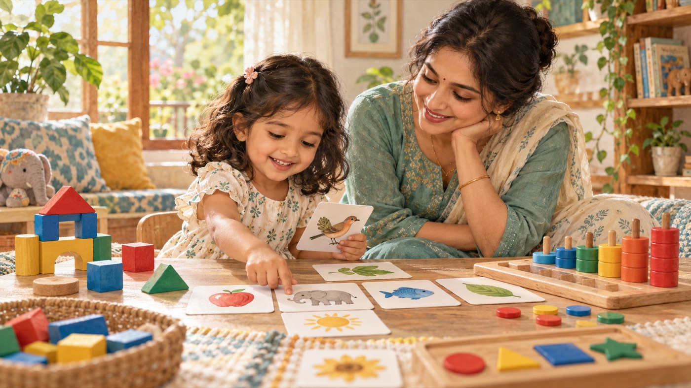 Young child exploring picture cards and counting blocks with a parent