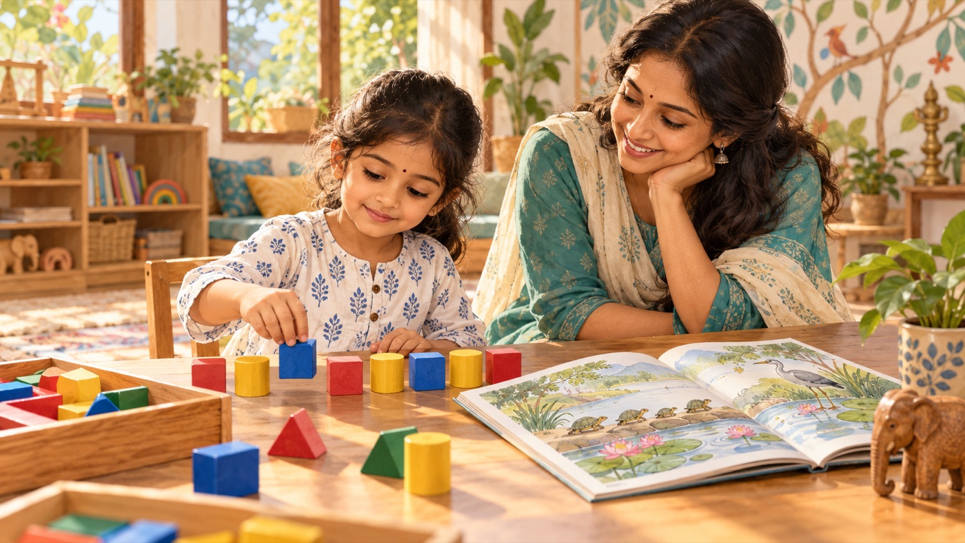 Child working on a pattern puzzle and picture book with an adult nearby
