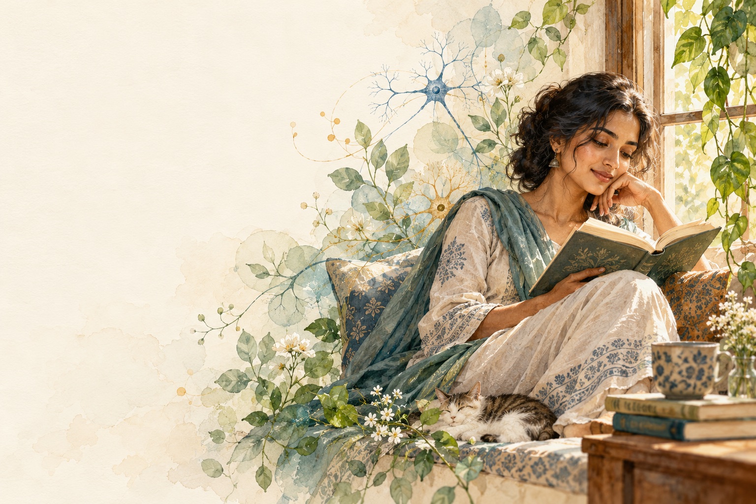 A person reading with a branching brain illustration