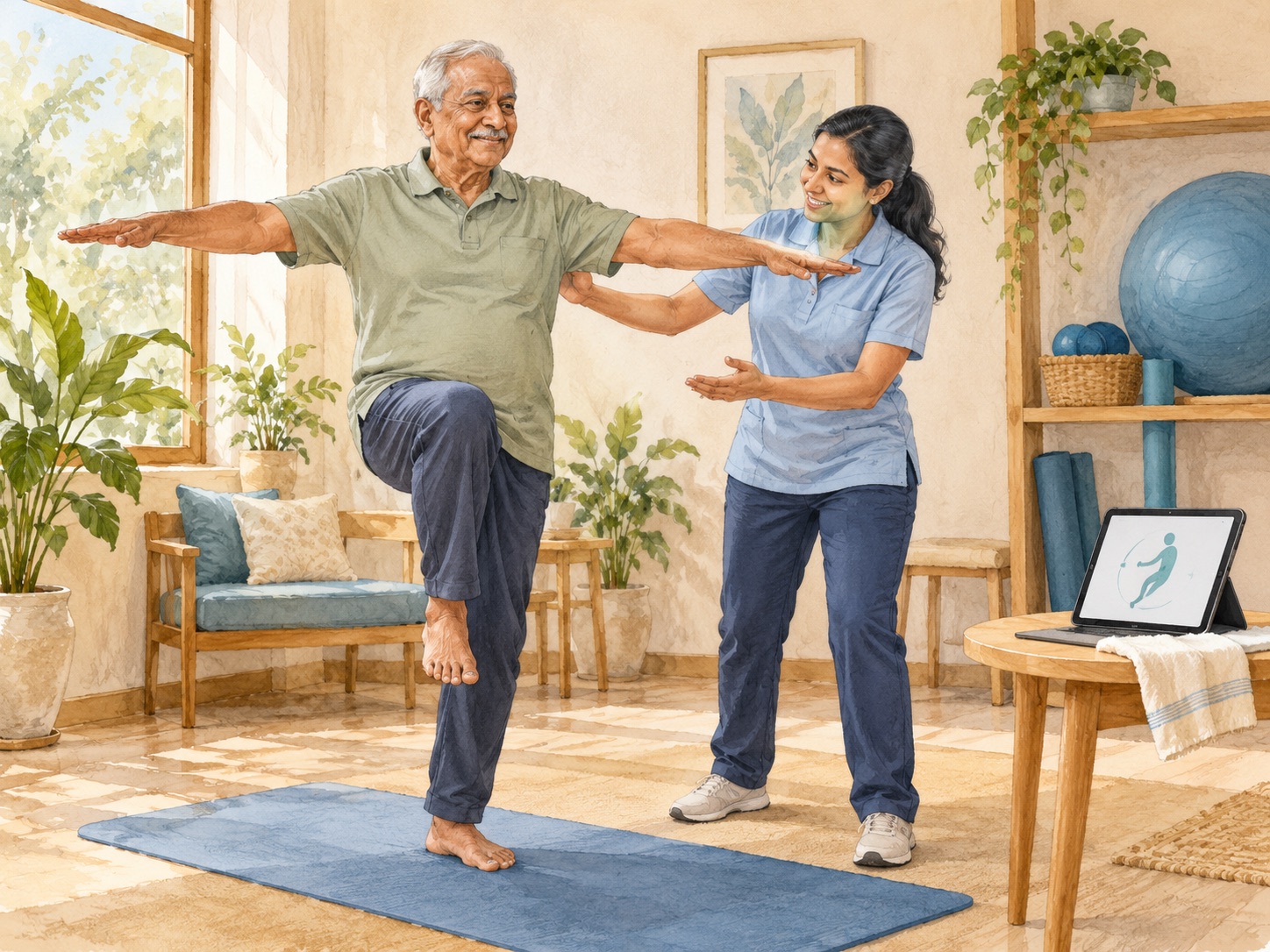 A rehabilitation professional supporting movement practice